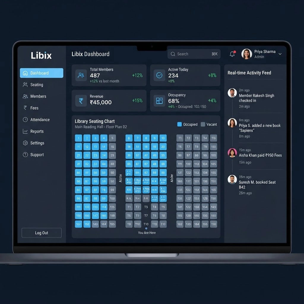 Libix Software Dashboard Mockup showing real-time seat management, member tracking, and revenue analytics
